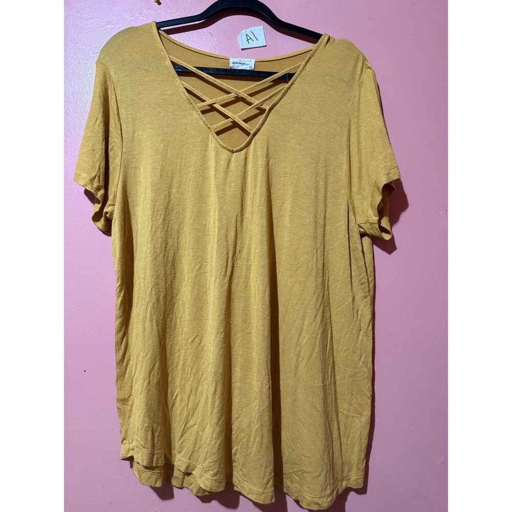 Glitz Womens Blouse Plus 3X Yellow Top Shirt Short Sleeve V Neck